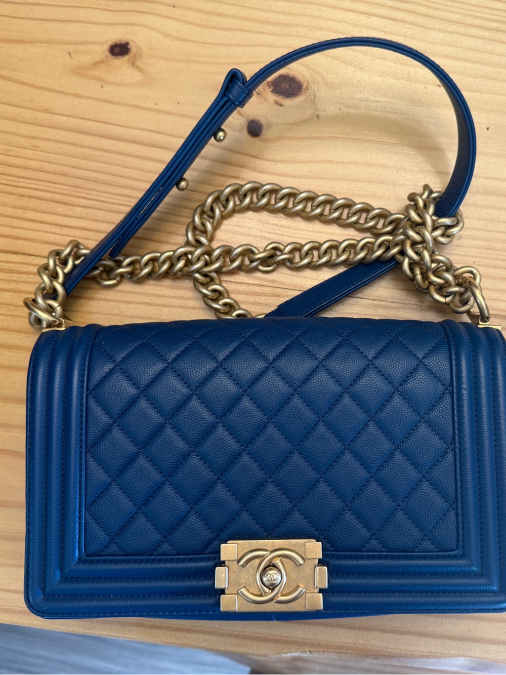 CHANEL Navy Quilted Leather Shoulder Bag with Gold Chain